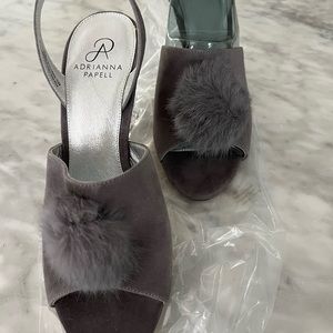Grey suede, fur  Pom Pom sling back, never worn